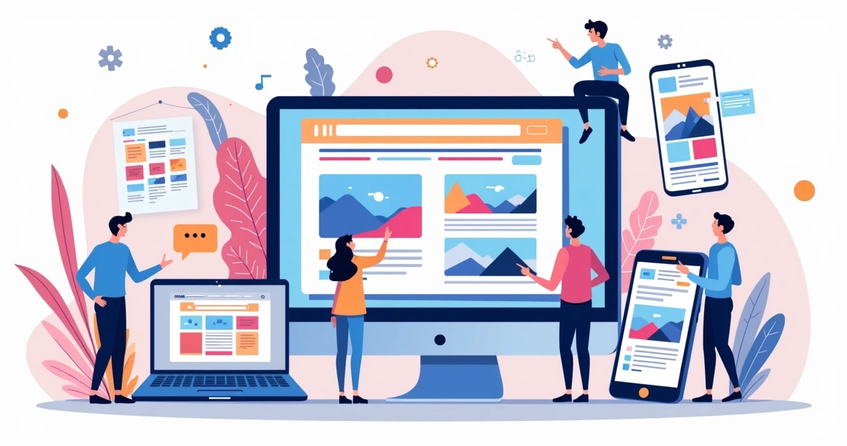 Ilustração de interface moderna exibindo tendências de web design para 2026 em telas variadas 