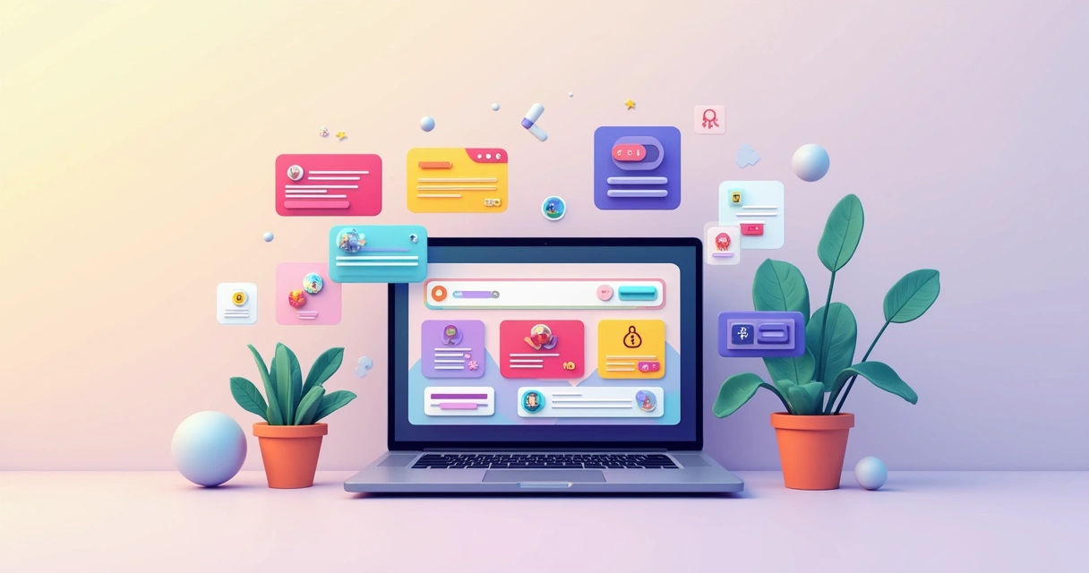 Ilustração de tela com múltiplas tendências visuais de web design para 2026 