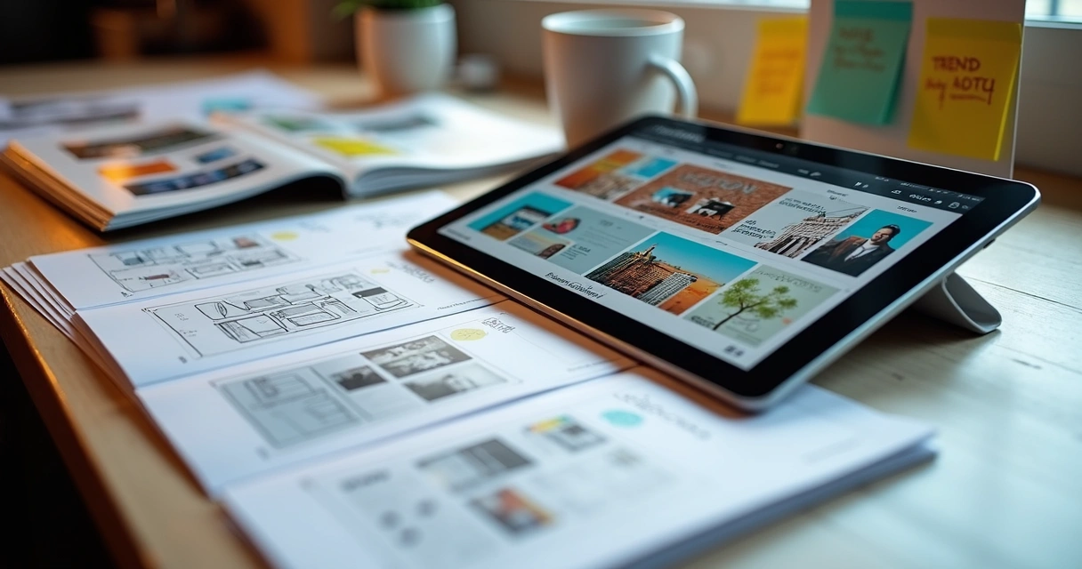 Mesa com revistas de design, tablet e croquis de layouts modernos