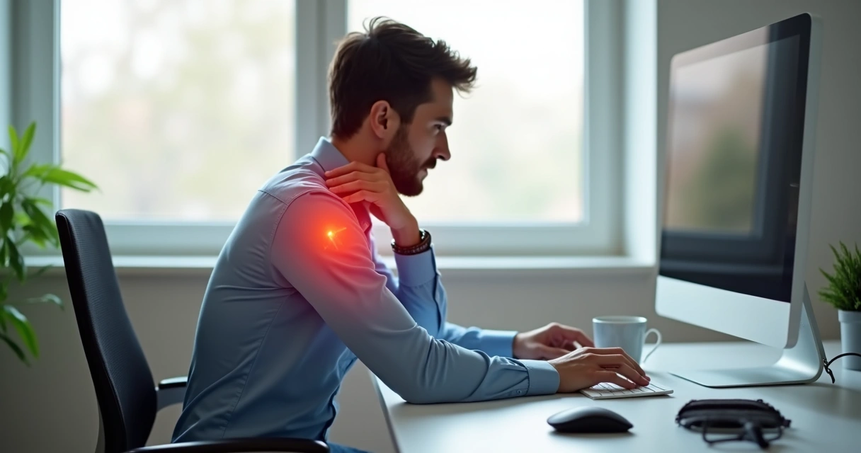 Pessoa trabalhando no computador com uma das mãos no ombro sentindo dor em ambiente iluminado 