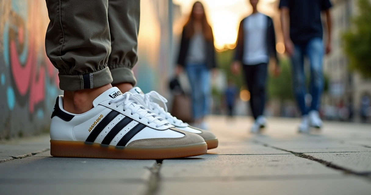 Tênis Adidas Samba branco e preto em cenário urbano de streetwear 
