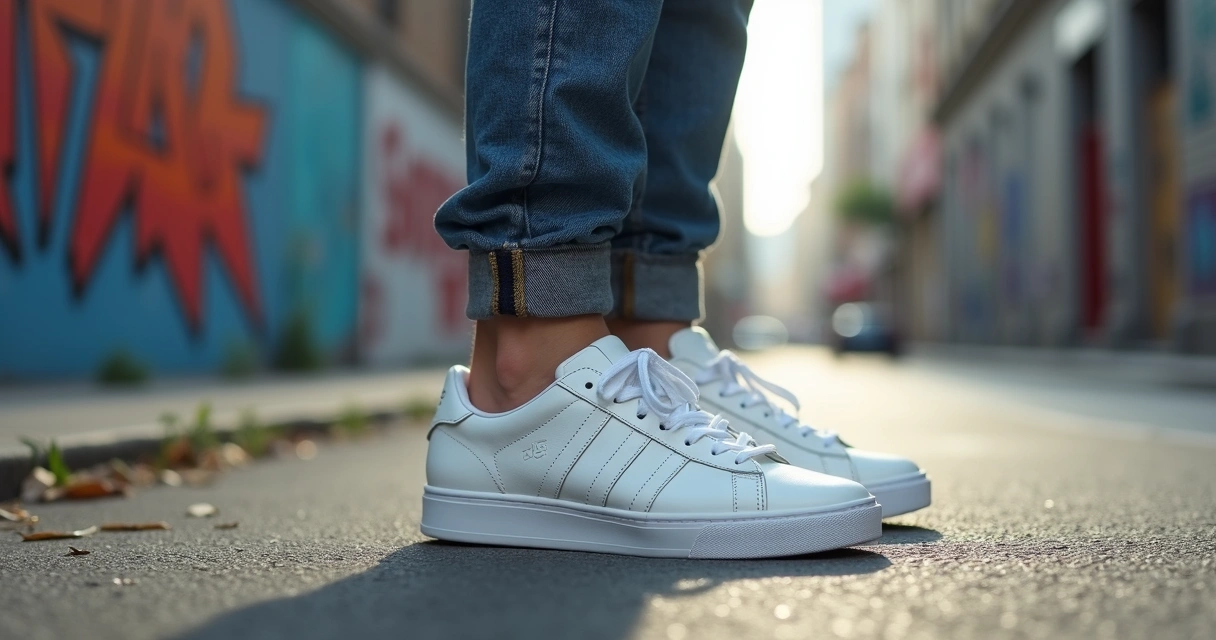 Jovem usando tênis branco em cenário urbano 