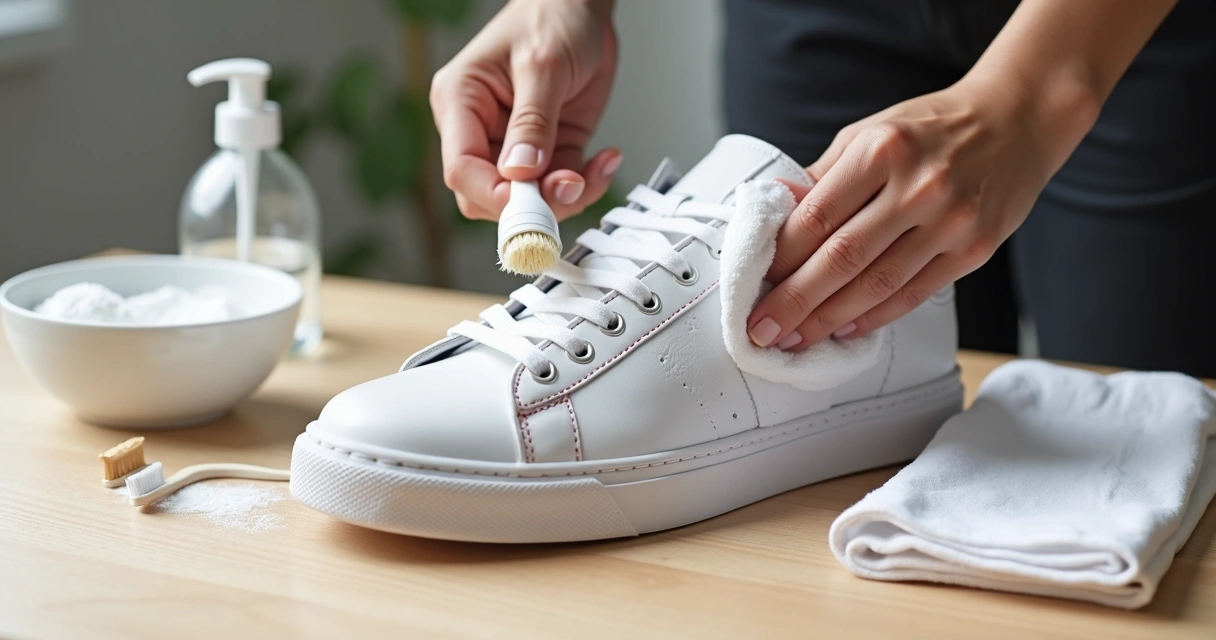 Pessoa limpando tênis branco com escova macia e pano em fundo neutro 