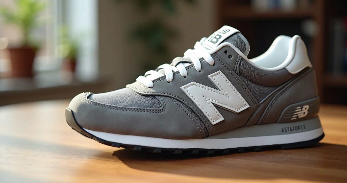 Tênis New Balance sobre mesa de madeira com detalhes do produto mostrando qualidade e etiquetas originais 