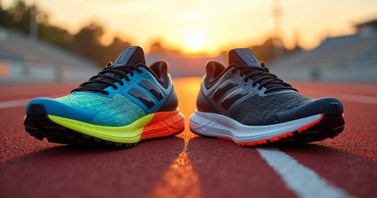 Close-up de tênis de corrida com placa exposta em pista de atletismo 