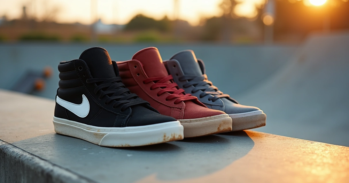 Tênis de skate alinhados na borda de uma pista vazia ao entardecer 