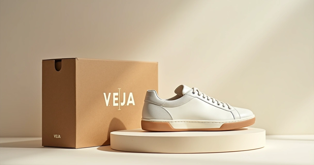 Tênis Veja Campo cor platini ao lado de nova caixa da marca em fundo neutro 