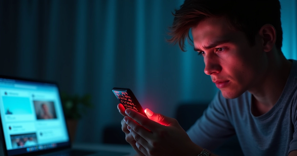 Pessoa olhando tela com comentários agressivos e notificações em excesso 