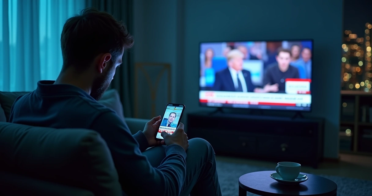 Pessoa sentada em sala escura vendo notícias no celular e na televisão 