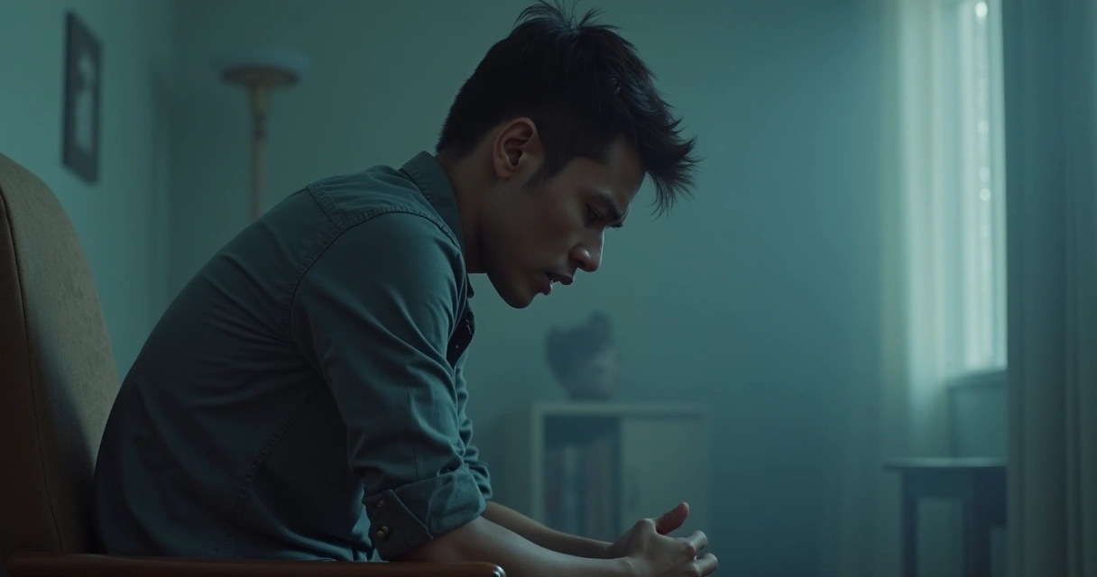 Pessoa sentada com ombros tensionados, mãos apoiadas no colo 