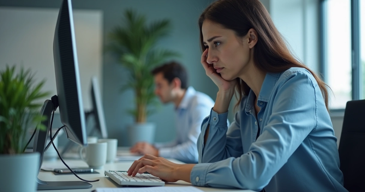 Pessoa sentada no escritório com postura tensa diante do computador