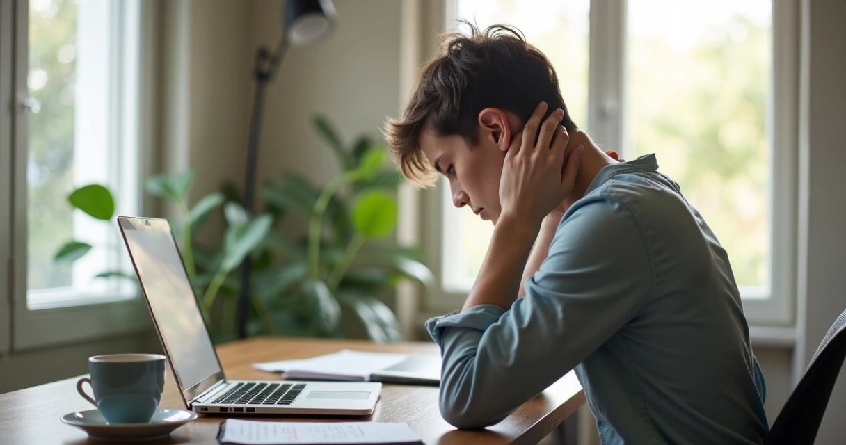 Pessoa massageando o pescoço em frente ao computador