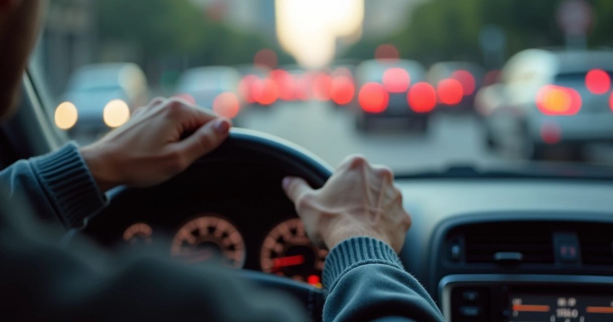 Mãos firmes no volante com trânsito intenso ao fundo 