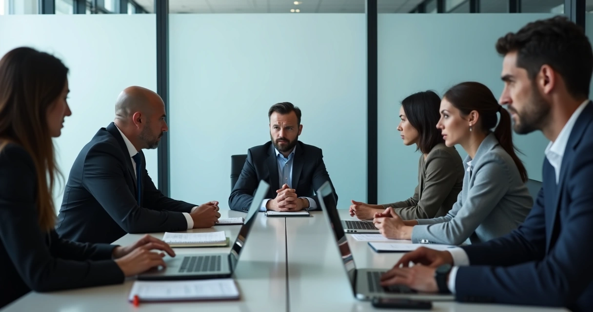 Team in a tense boardroom meeting with one person staying silent 