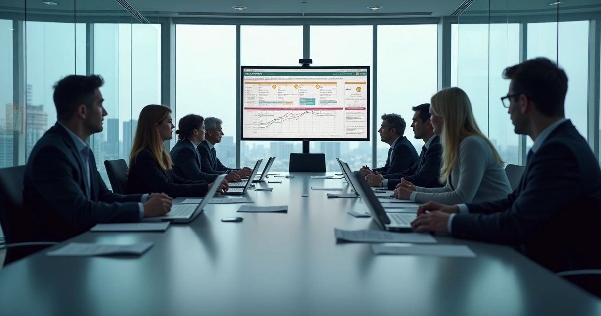 Executives in a tense merger meeting with divided teams and documents on the table