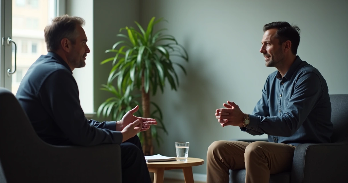 Two people in conversation with subtle signs of body tension