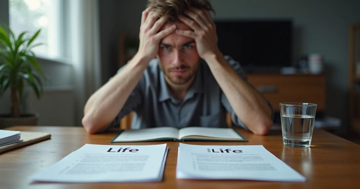 Person sitting with tense posture while reviewing two life choices 
