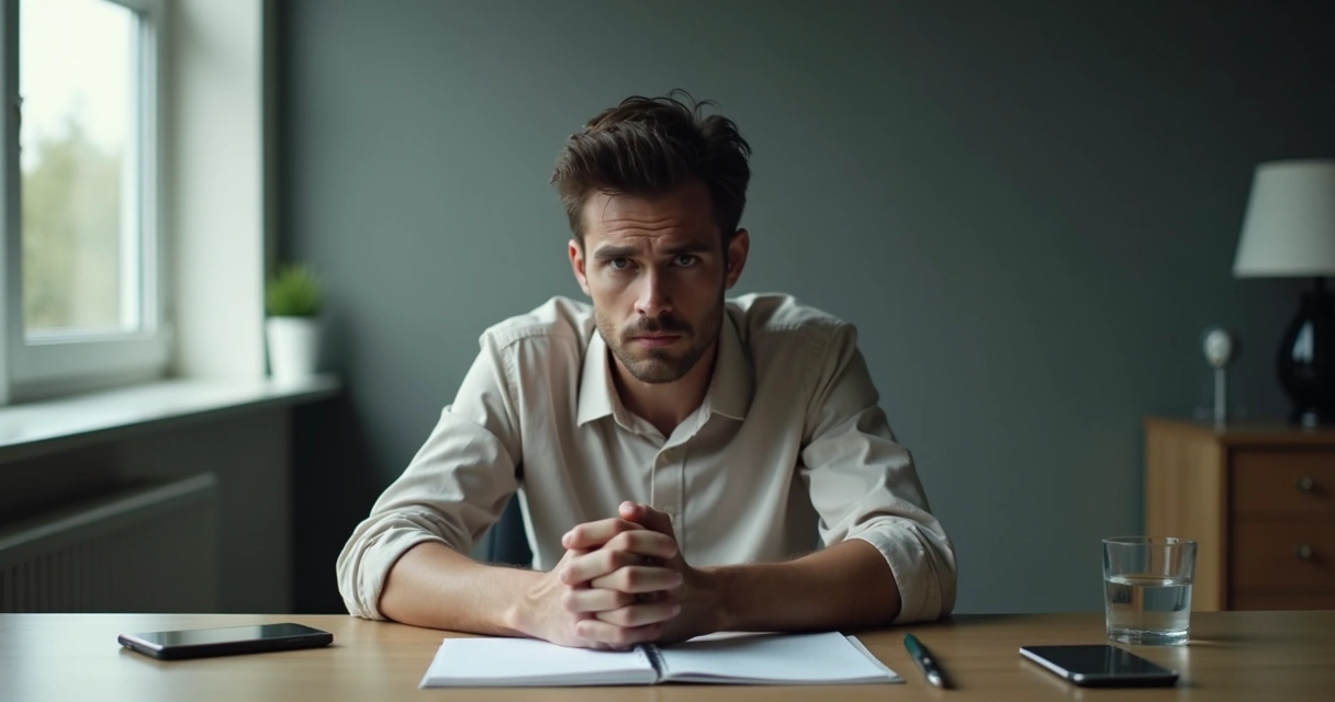 Person sitting still at a desk with tense hands and distant gaze