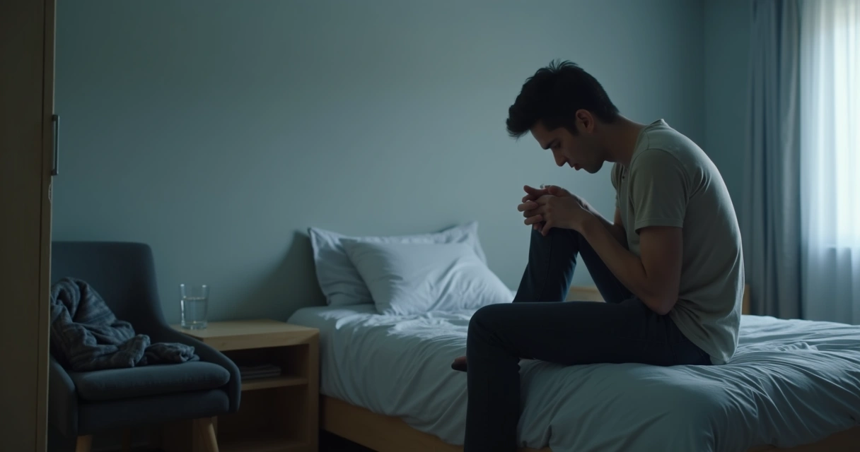 Person sitting quietly with visible body tension in a dim room