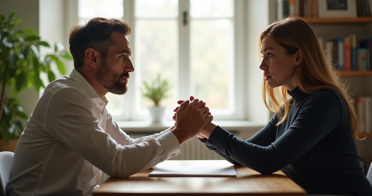 Two people in conversation showing tense body language