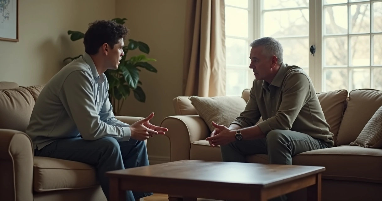 Two adults in a tense conversation in a living room