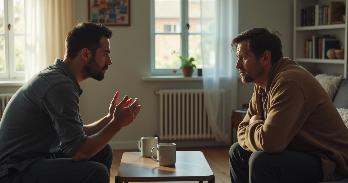 Two people in a tense conversation across a living room