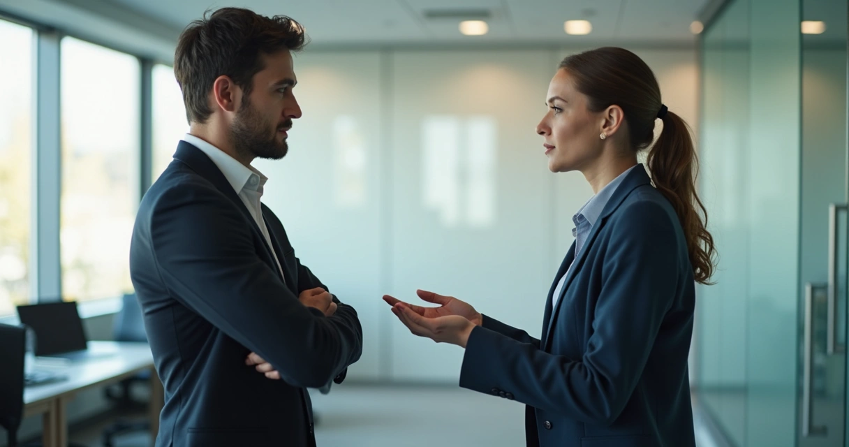 Two coworkers in a tense office conversation 