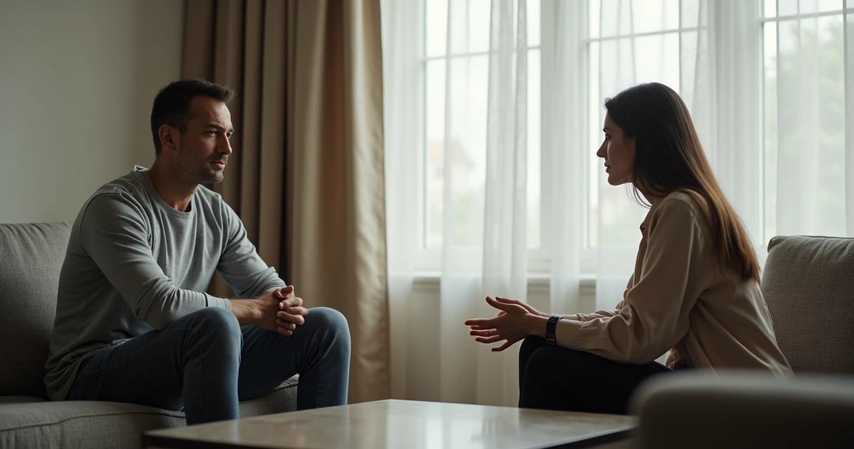 Two people seated apart with closed posture during a serious conversation