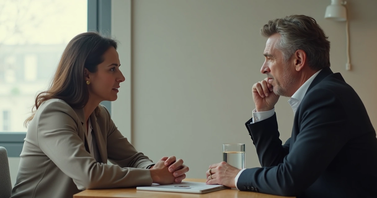 Two people in a tense conversation at a table