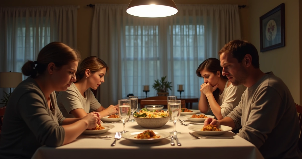 Family sitting in silence at a tense dinner table