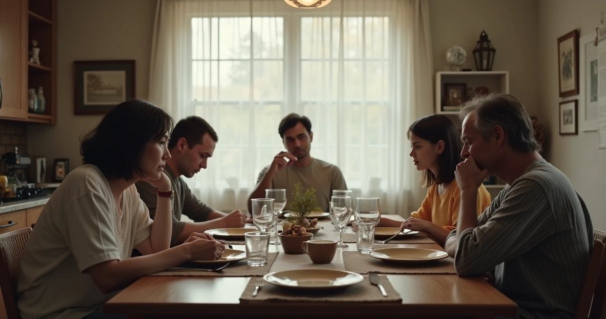 Family sitting quietly at a tense dinner table 