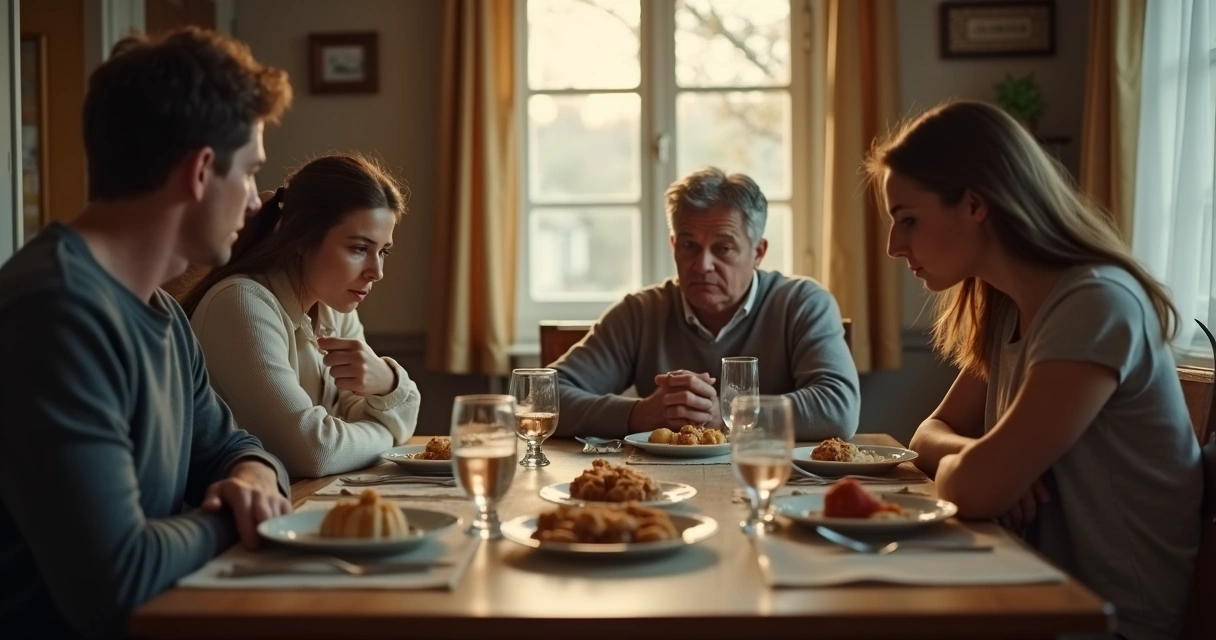 Quiet dinner table with visible emotional tension
