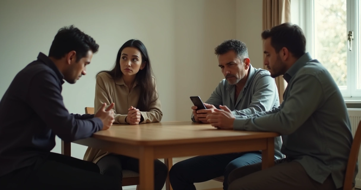 Small group sitting in tense conversation at a table