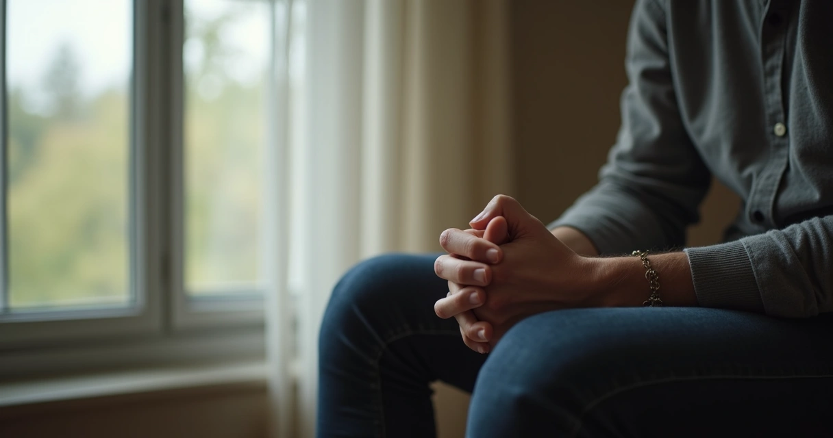 Hands clasped near a window in soft morning light