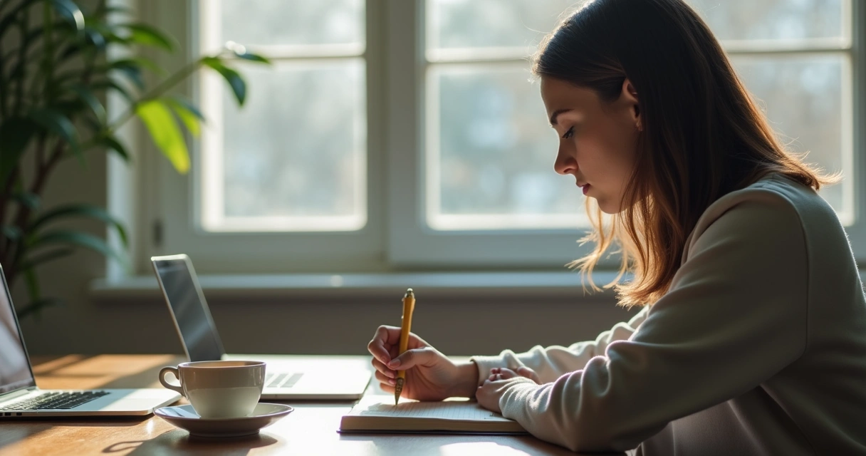 Person journaling with tense posture by a window