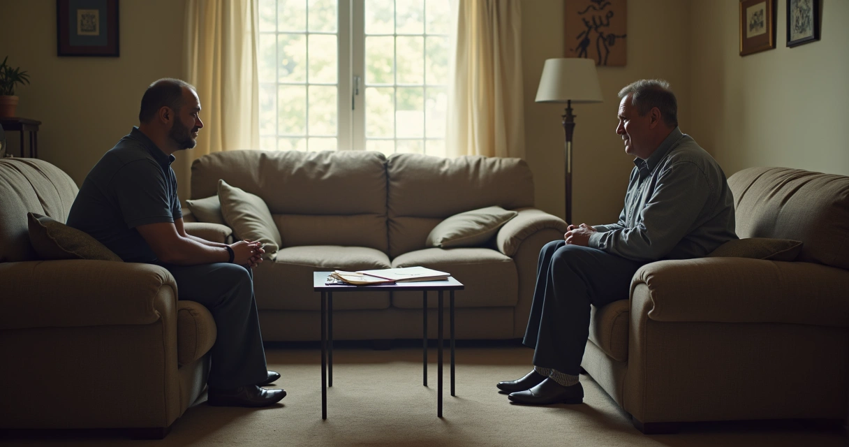 Quiet living room with two people sitting apart in tension