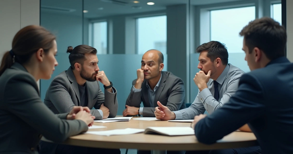Group sitting in a tense meeting with closed postures