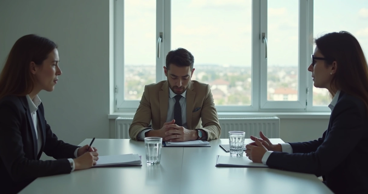 Person in a meeting with tense posture and clasped hands 
