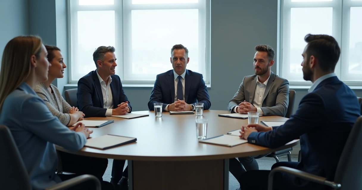 Small group sitting in a tense meeting circle