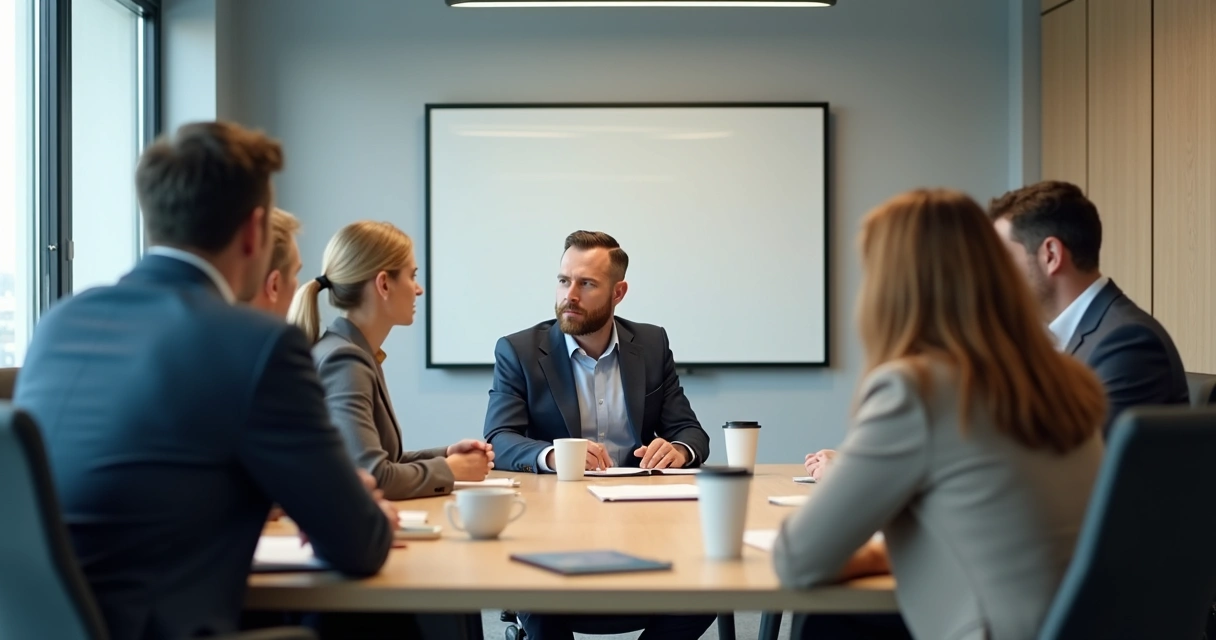 Small group in a quiet meeting room with tense body language