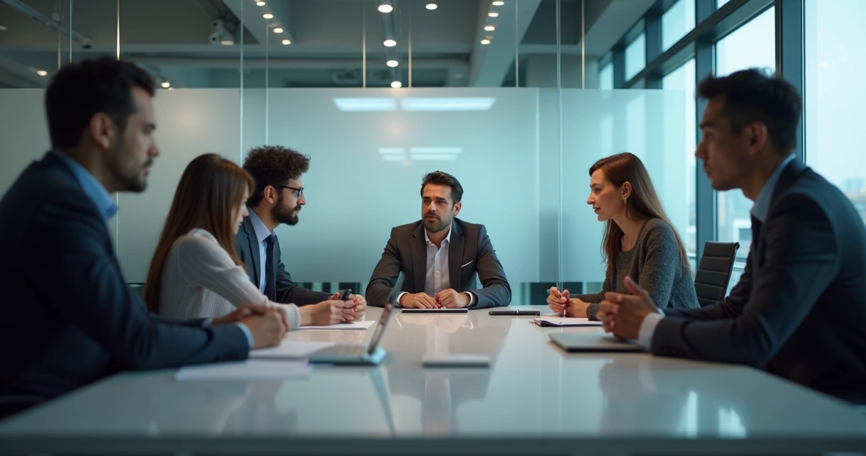 Team in a tense meeting room with one person speaking and others reacting quietly 