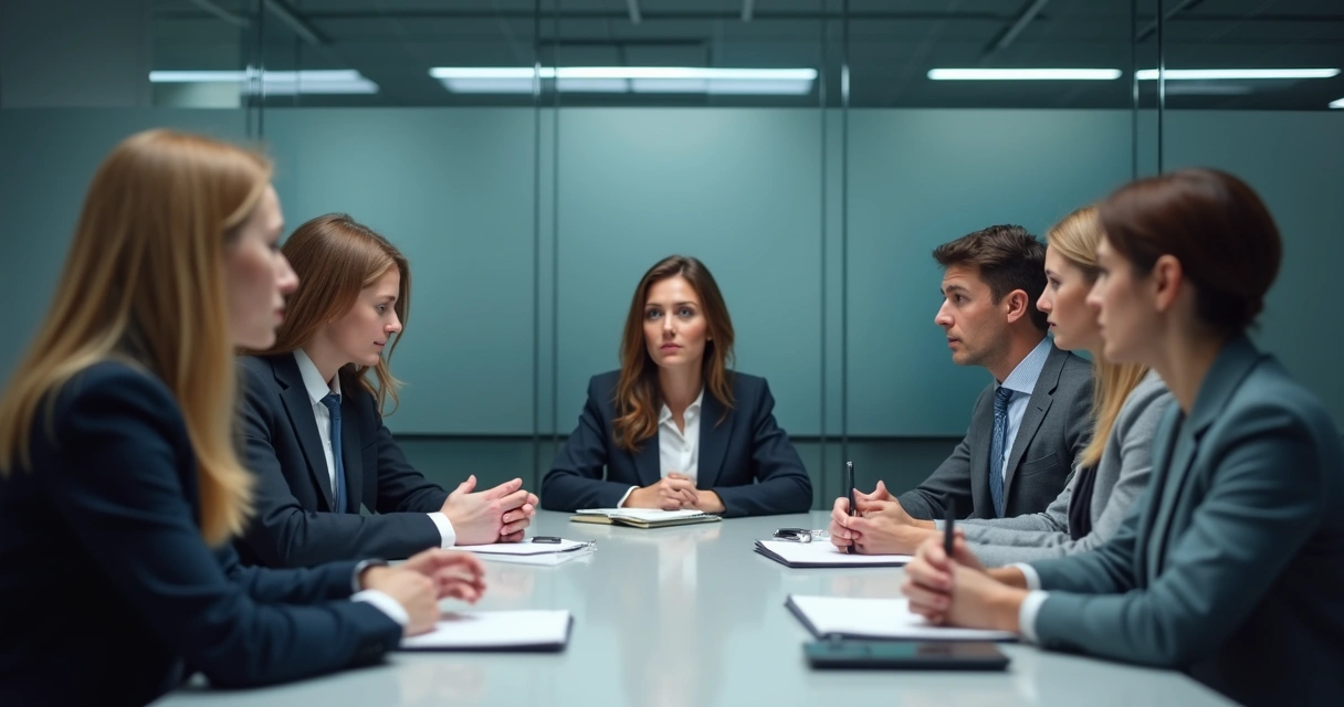 Team sitting quietly in a tense meeting room 