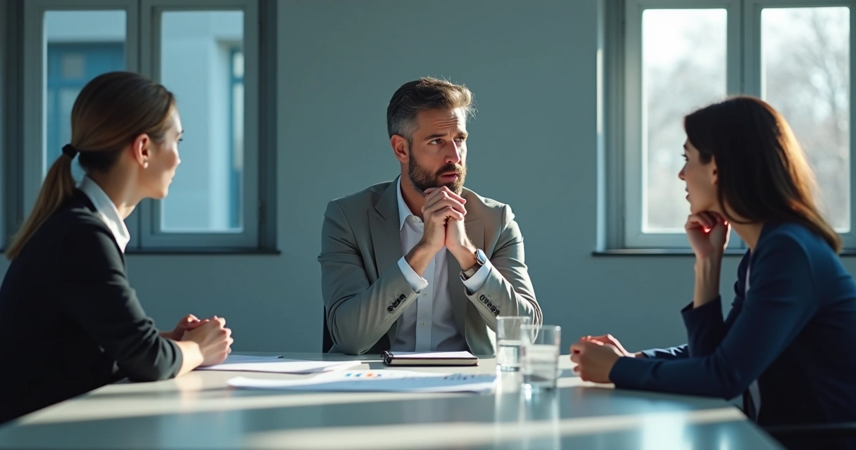 Person speaking hesitantly in a meeting while others watch quietly