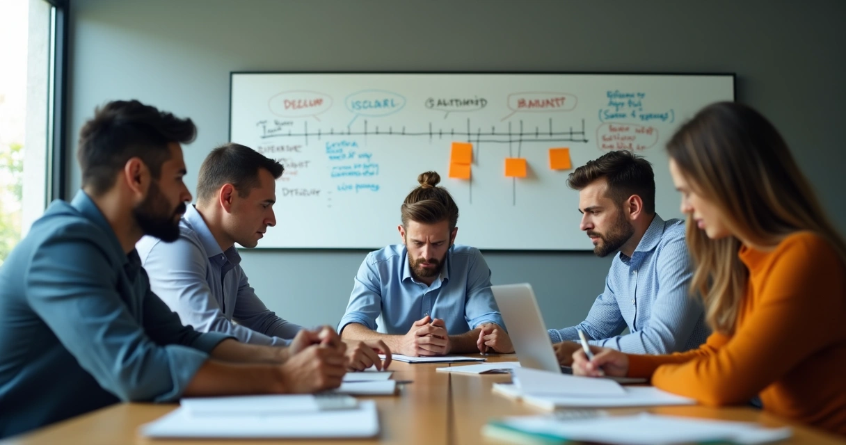Team sitting in a tense meeting with one person silent and notes on the table
