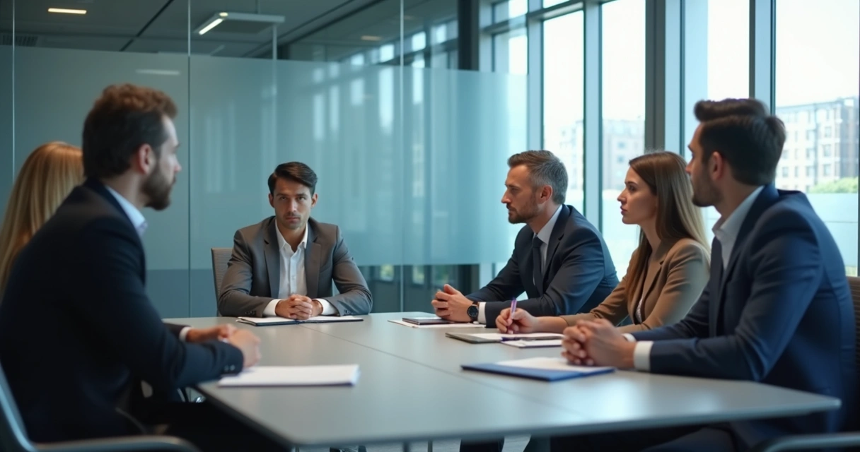 Team sitting quietly in a tense meeting room