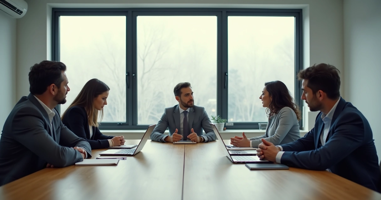 Quiet meeting with tense body language around a table