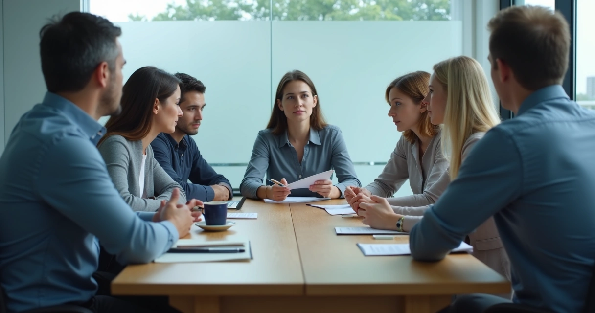 Team sitting in a quiet meeting room while one person hesitates to speak 