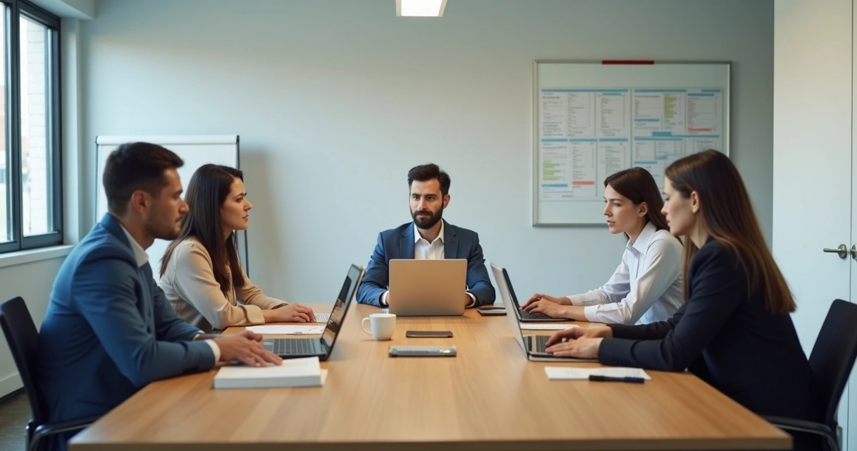 Team sitting quietly at a meeting table with visible tension 