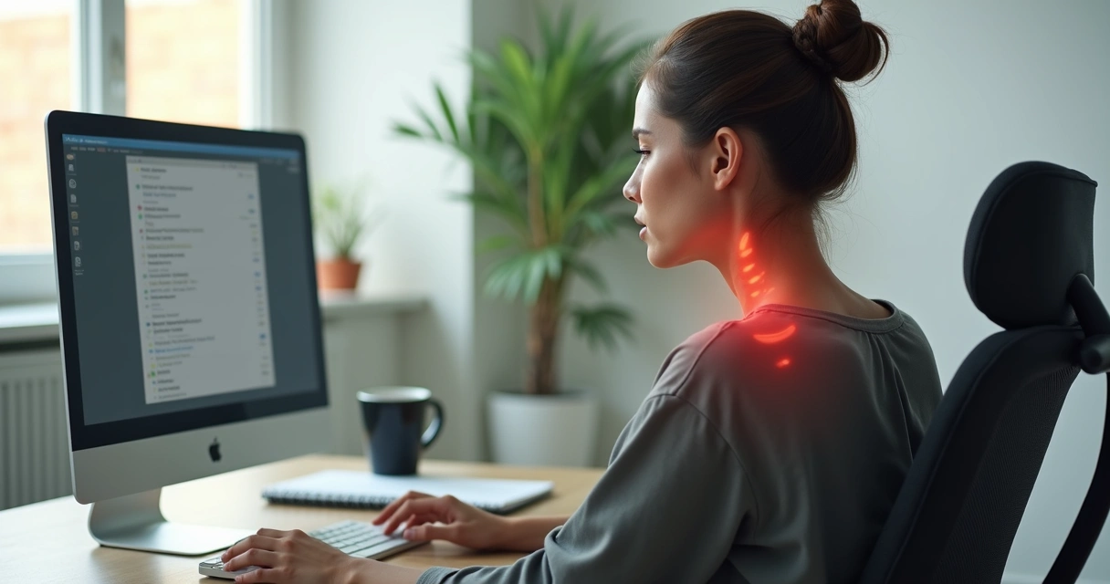 Office worker noticing shoulder tension at a desk