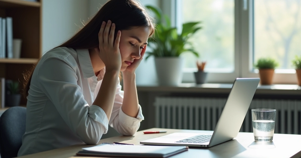 Person pausing to breathe at a desk during a tense work moment 